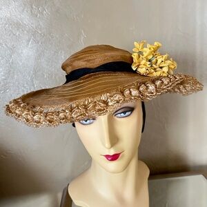 LOVELY LATE 1920s' GOLD SHEER FABRIC WIDE BRIM HAT + DETAILED EDGING  ON BRIM